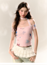 Red Polka Dot & Pink Butterfly Mesh One-shoulder T-shirt - CHINASQUAD