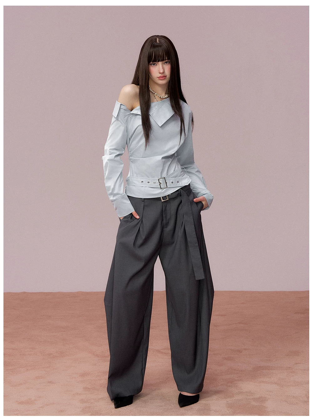 Ruched Belted Cropped Cotton Shirt