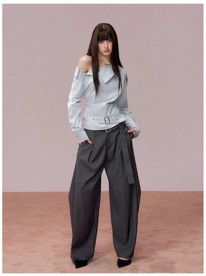 Ruched Belted Cropped Cotton Shirt