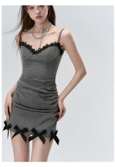 Grey Lace Patchwork High-Waisted Suit Suspender Dress - CHINASQUAD