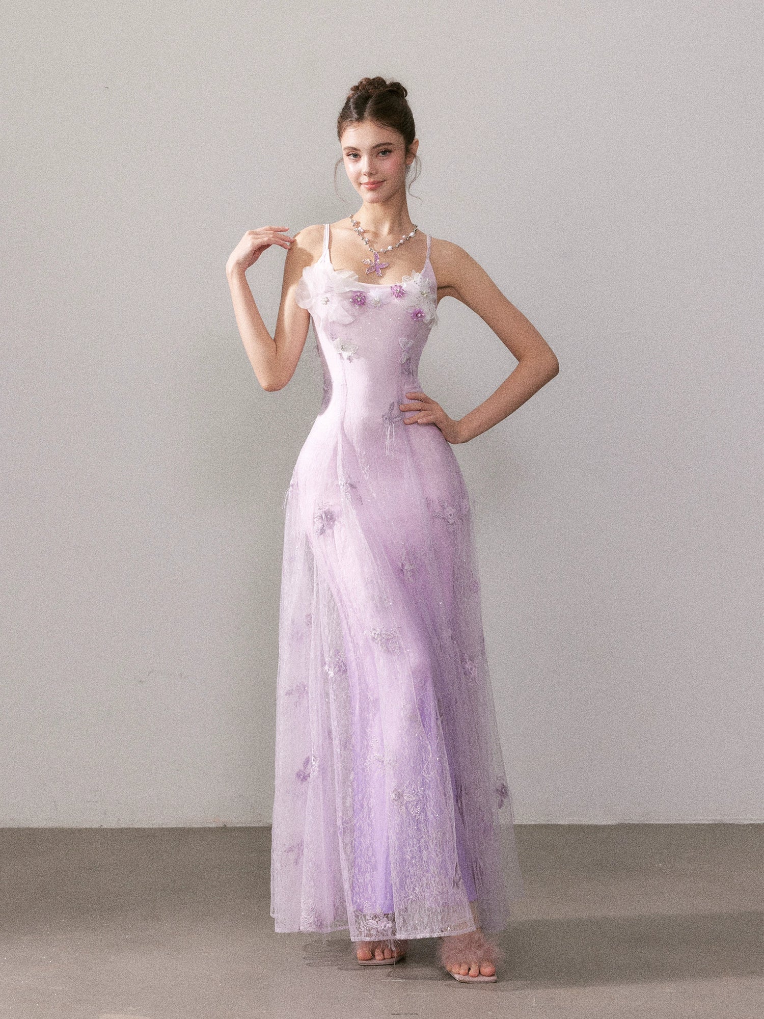 Light Purple Gradient Embroidered Bud Lace Long Dress - CHINASQUAD
