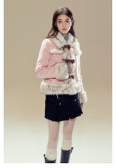 Pink Suede Butterfly Horn Button Shearling Coat - CHINASQUAD