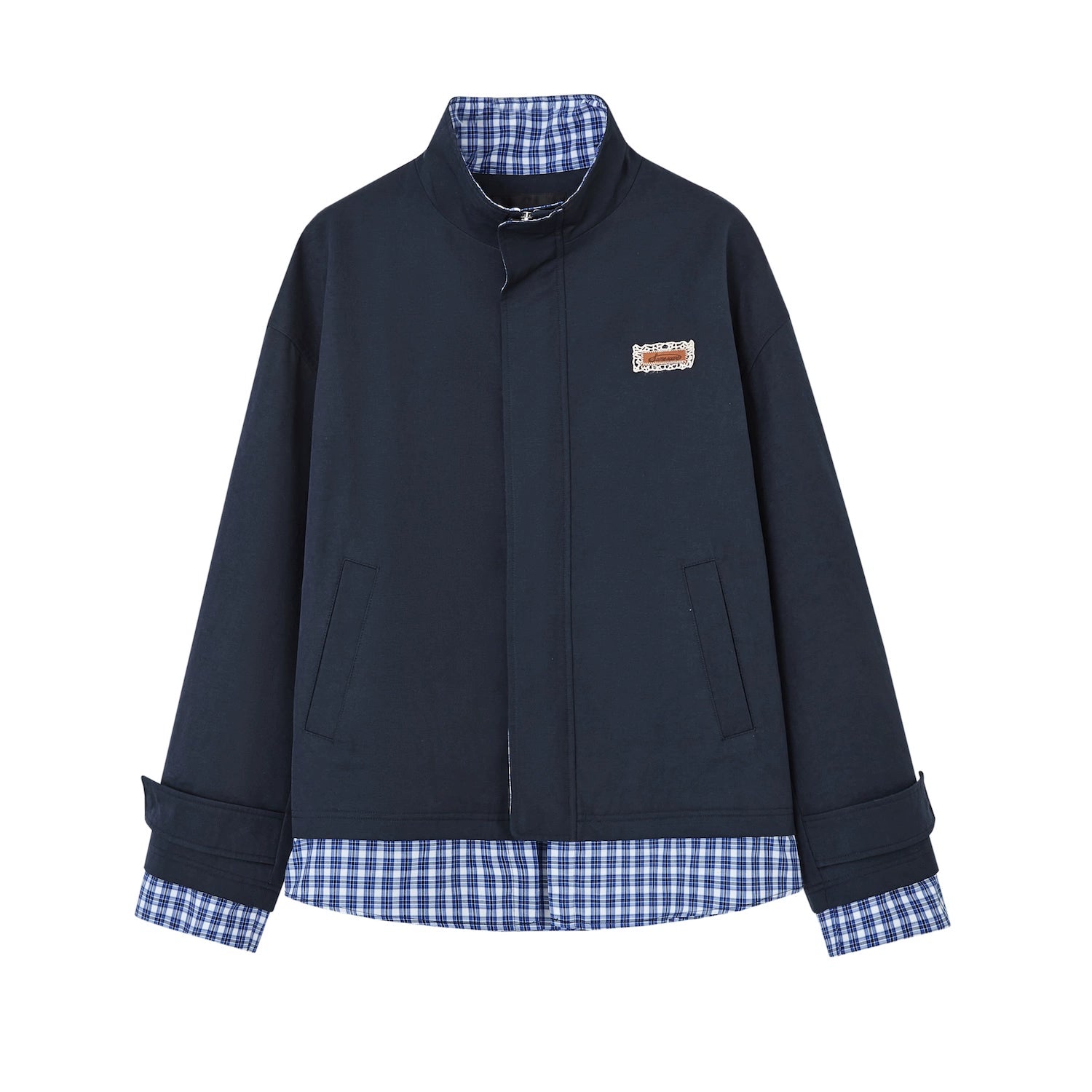 Plaid Splicing Stand Collar Windbreaker Jacket