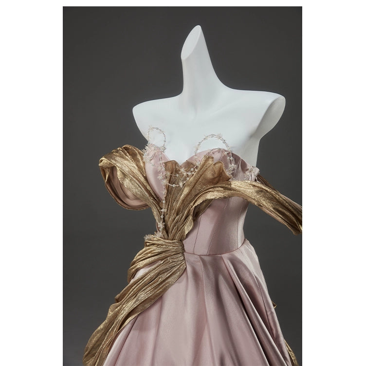 Stunning Elegance Off-Shoulder Gown with Golden Draping