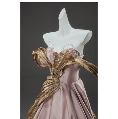 Stunning Elegance Off-Shoulder Gown with Golden Draping