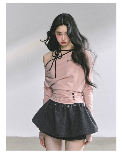 Off-Shoulder Halter Long-Sleeve T-Shirt