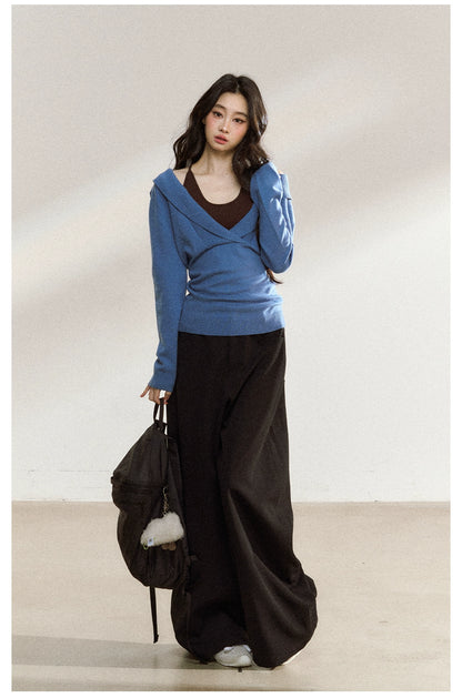 Blue Off-Shoulder Knit Sweater Cardigan