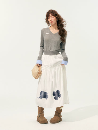 Pleated Patchwork Midi Skirt