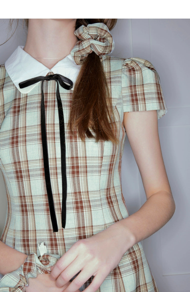 Brown Plaid  2-in-1 Doll Collar Mini Dress