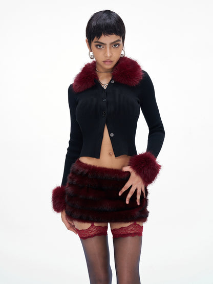 Fur-Collar Knit Cape &amp; Fuzzy Bodycon Skirt Set