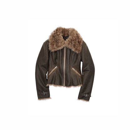 Faux Shearling-Lined Washed Leather Slim Jacket