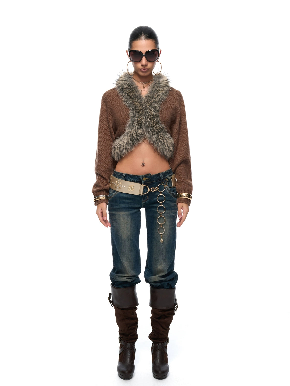 Faux-Fur Collar Cropped Knit Cardigan