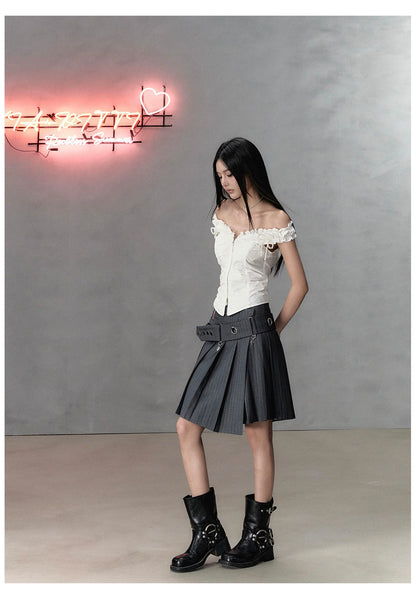 Oak Ash &amp; White Asymmetrical Waist Pleated Skirt