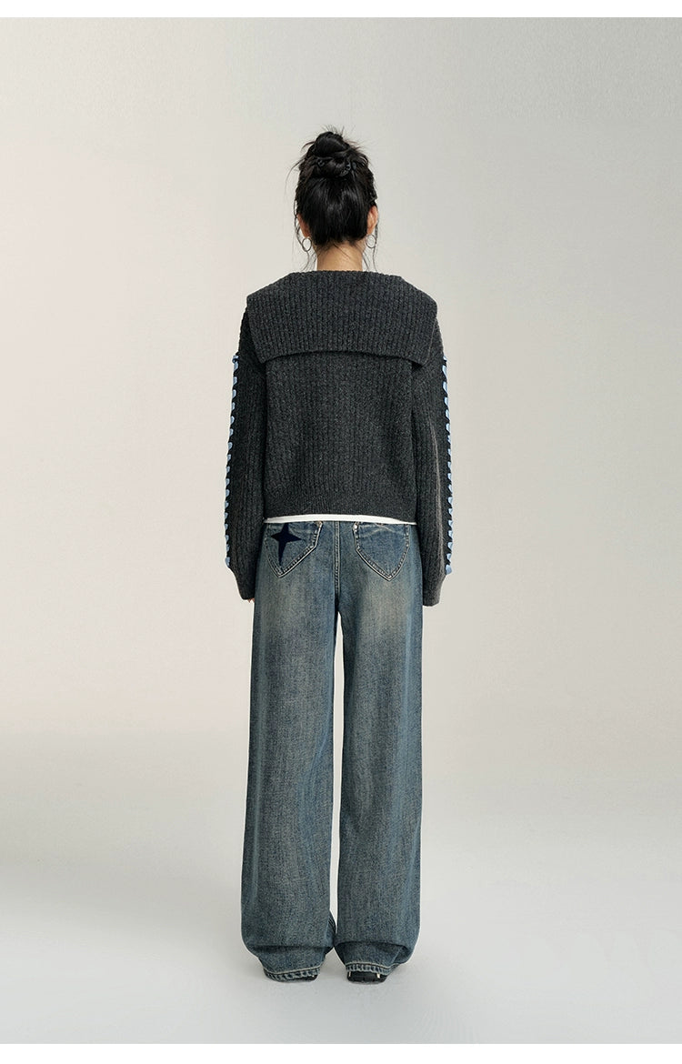 Heart-Patterned Fleece-Lined Wide-Leg Denim Pants