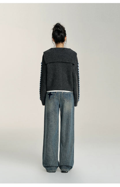 Heart-Patterned Fleece-Lined Wide-Leg Denim Pants