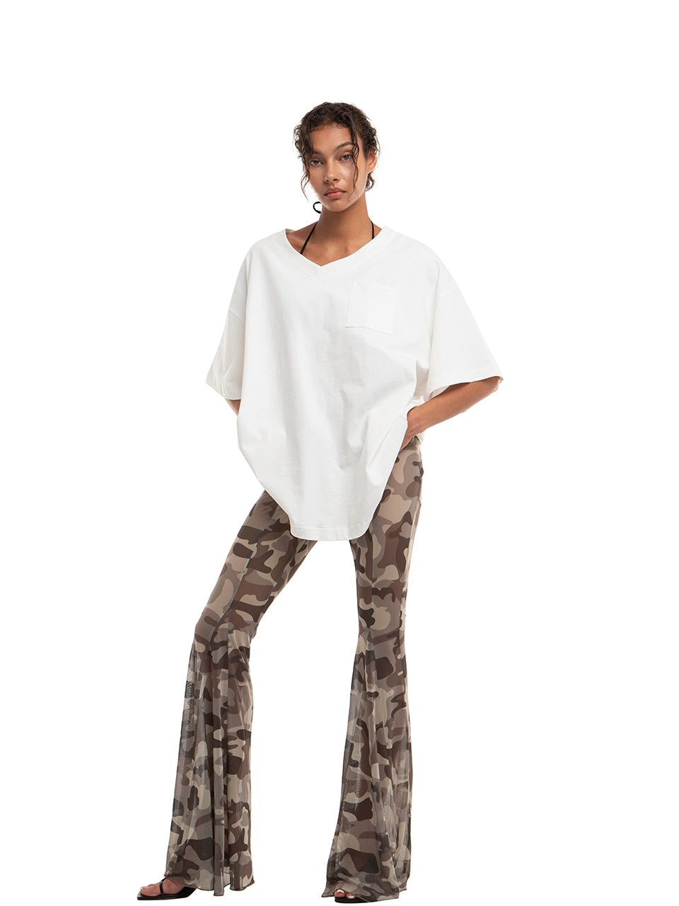 Camouflage Print Patchwork Mesh Flare Pants