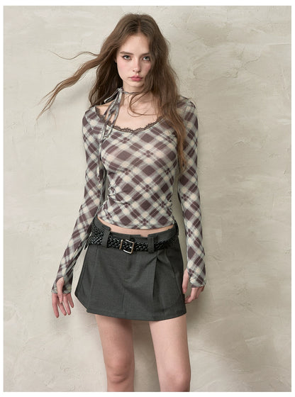 Halter Tie Plaid Long Sleeve T-Shirt