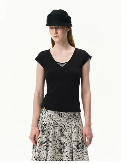 Contrast Leopard Insert V-Neck Cap Sleeve T-Shirt