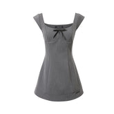 Grey Bow Tie U-neck Cinched Waist Dress - CHINASQUAD