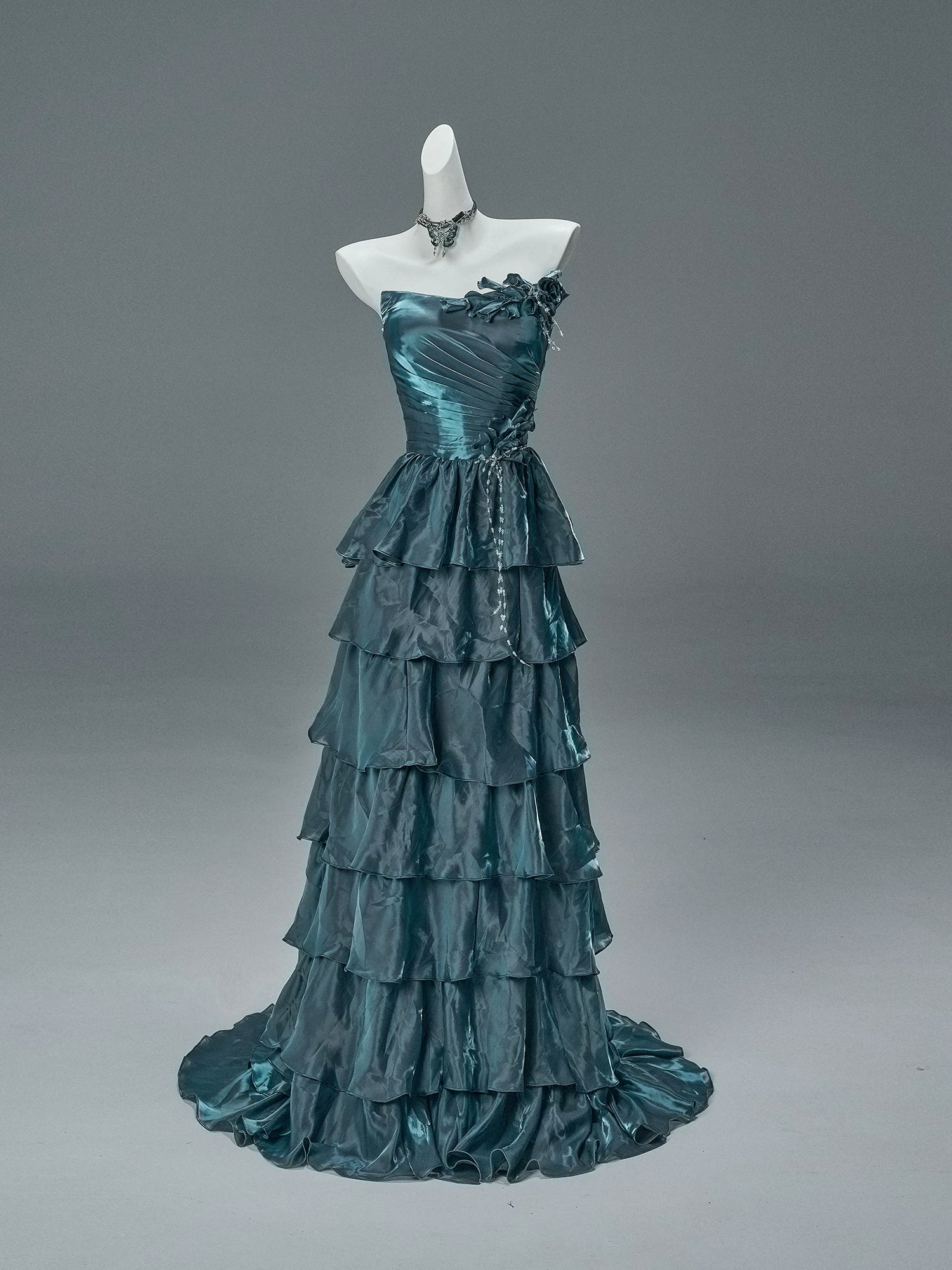 Bengi Midnight Teal Tiered Couture Gown