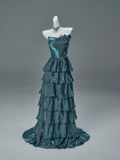 Bengi Midnight Teal Tiered Couture Gown