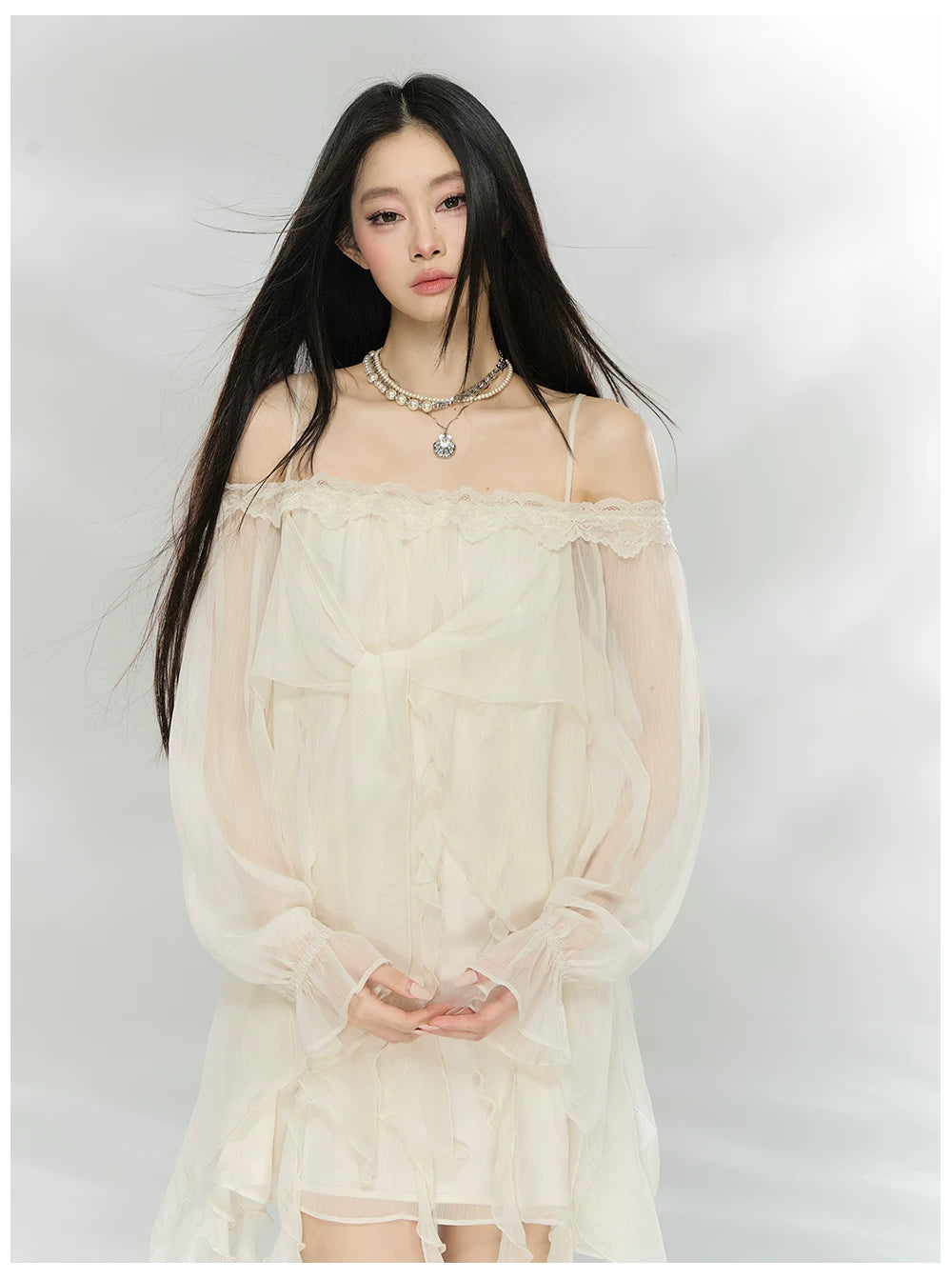 Lace-Trim Off-Shoulder Chiffon Dress