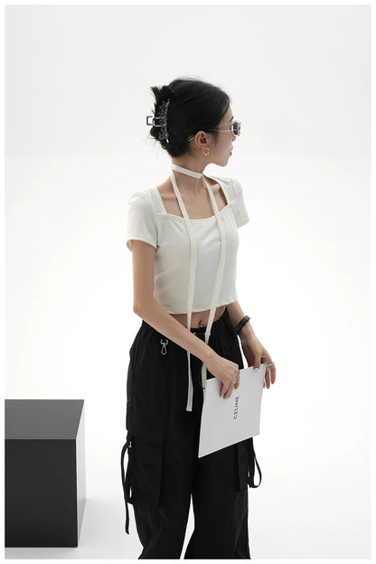 Tie-Detail Square-Neck Cropped T-Shirt