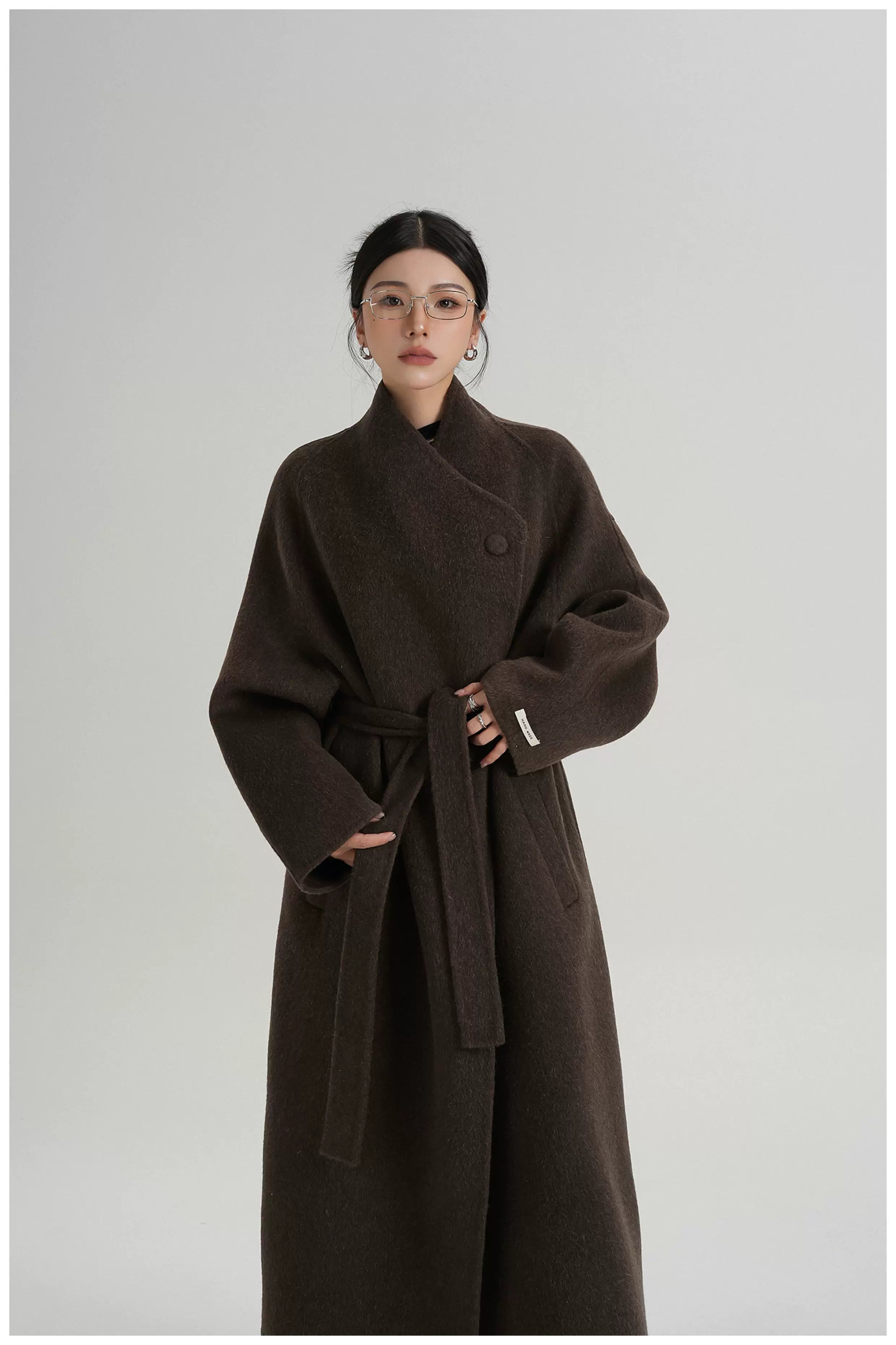 Asymmetric Button Long Wool Coat