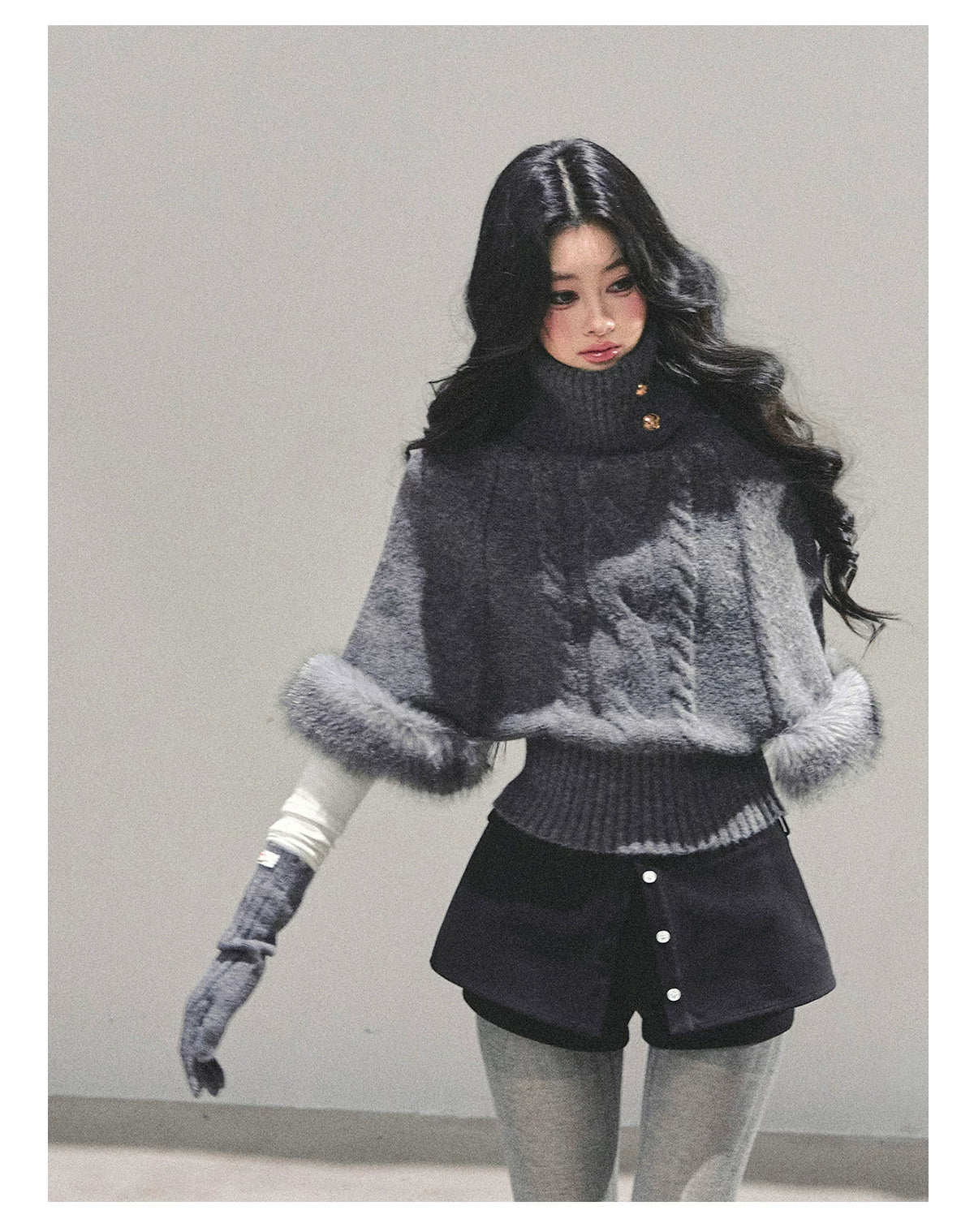 High-Neck Cable Knit Sweater