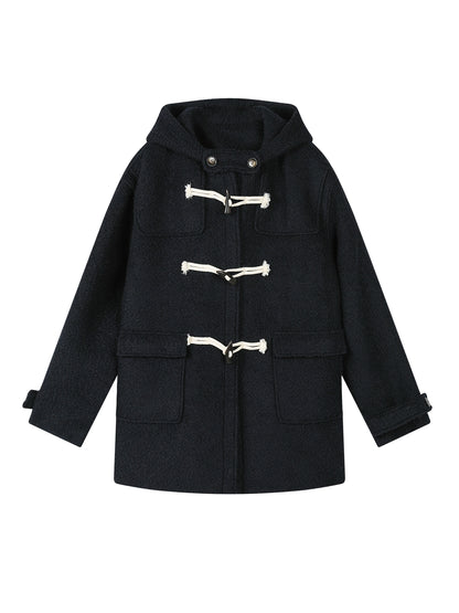 Loose Navy Hooded Woolen Duffle Coat