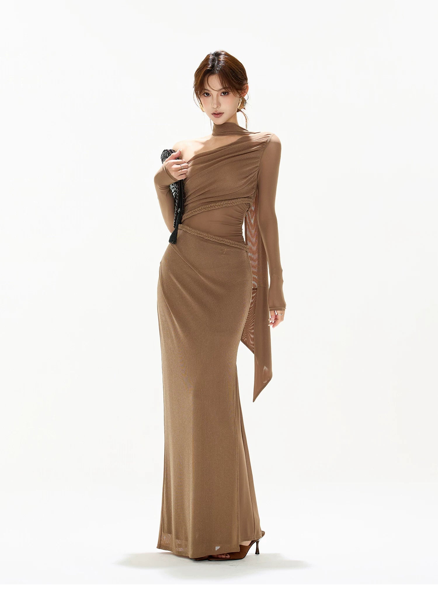 One-Shoulder Mesh Cut-Out Maxi Dress