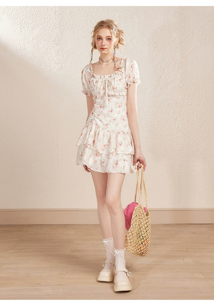 Cream Off-shoulder Puff Sleeve Floral Dress