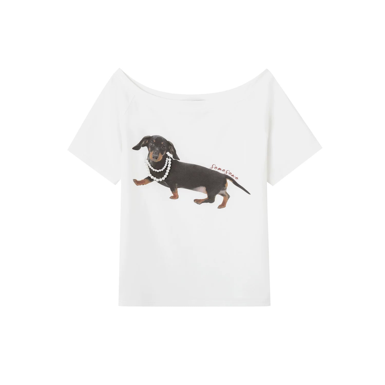Pearl Embellished Dachshund Off-Shoulder T-Shirt