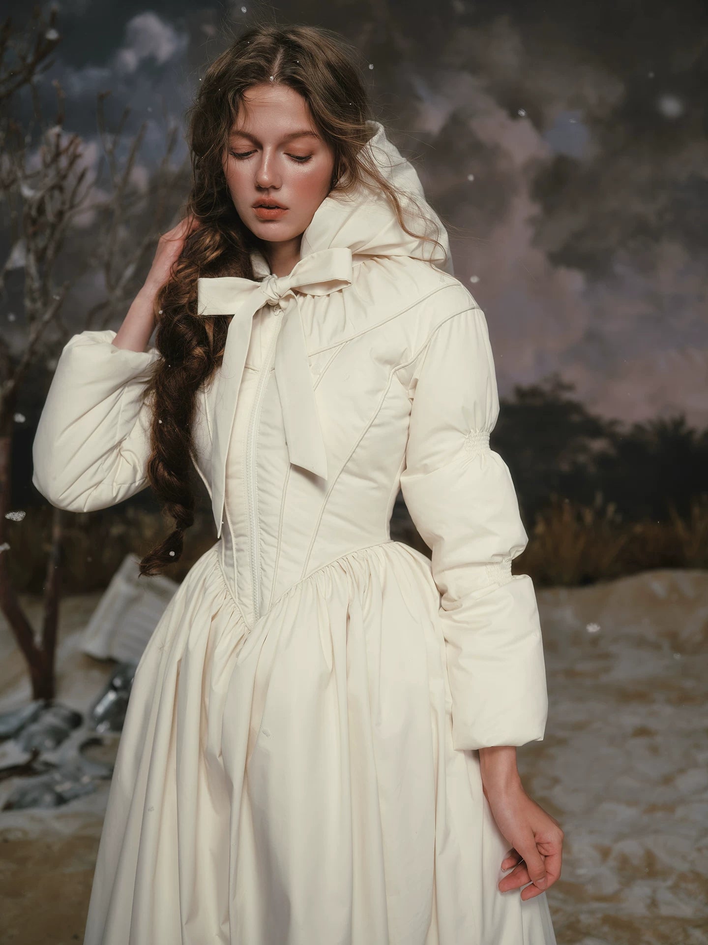 French Tailored Cinched-Waist Long Down Coat