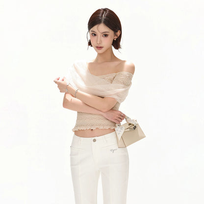 French Romantic Lace Off-Shoulder Knit Top