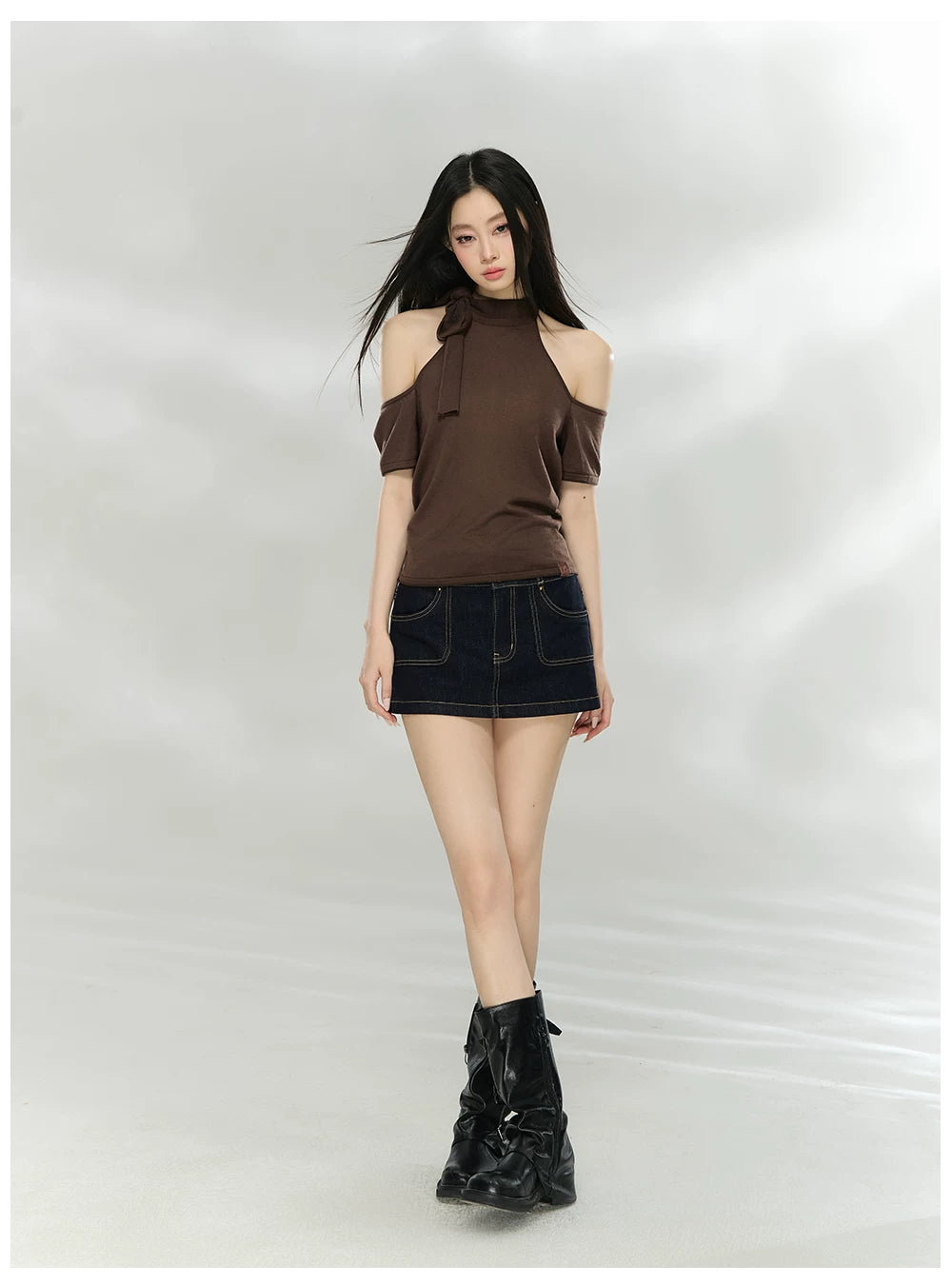 Off-Shoulder Patchwork Knit Cropped T-Shirt