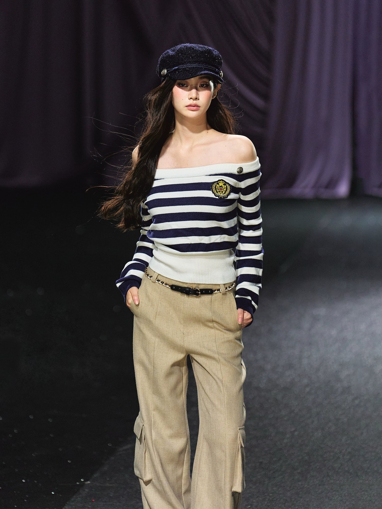 Nautical Stripe Off-Shoulder Knit Sweater