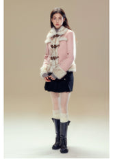 Pink Suede Butterfly Horn Button Shearling Coat - CHINASQUAD