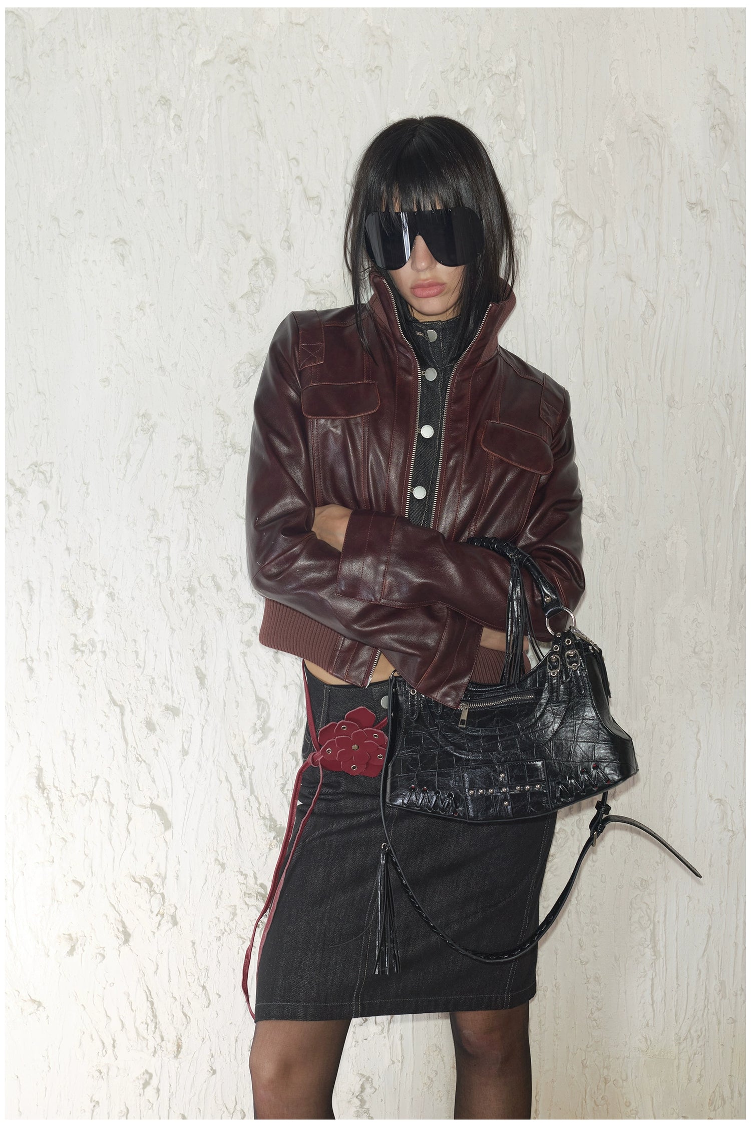 Distressed Cropped Biker Leather Jacket