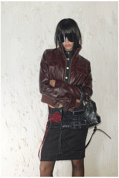 Distressed Cropped Biker Leather Jacket