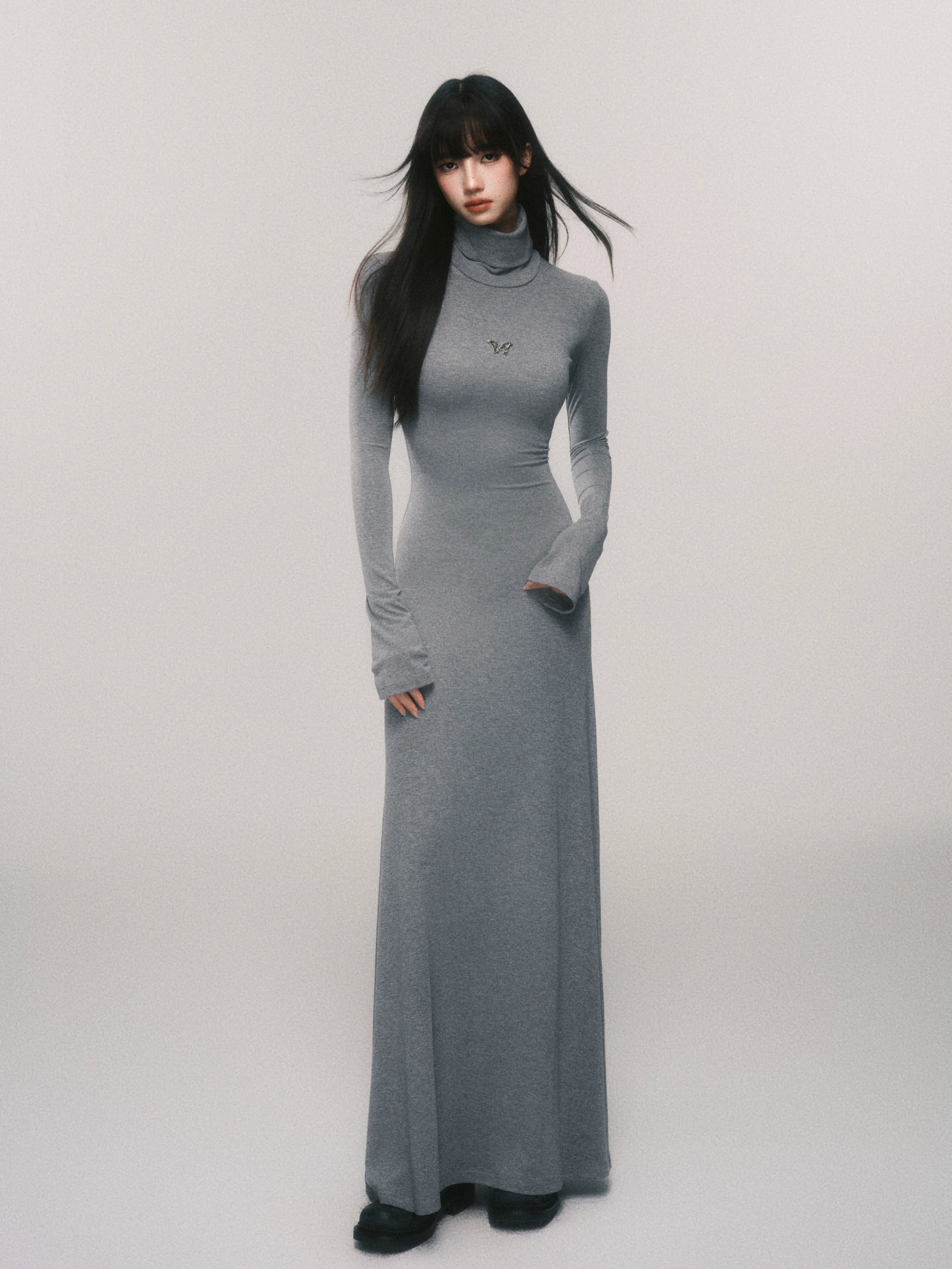 Slim-Fit Turtleneck Flared-Sleeve Knit Dress