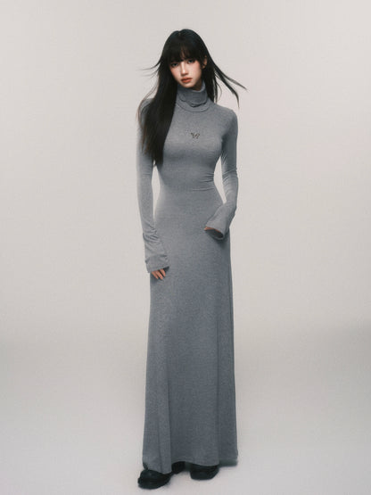 Slim-Fit Turtleneck Flared-Sleeve Knit Dress