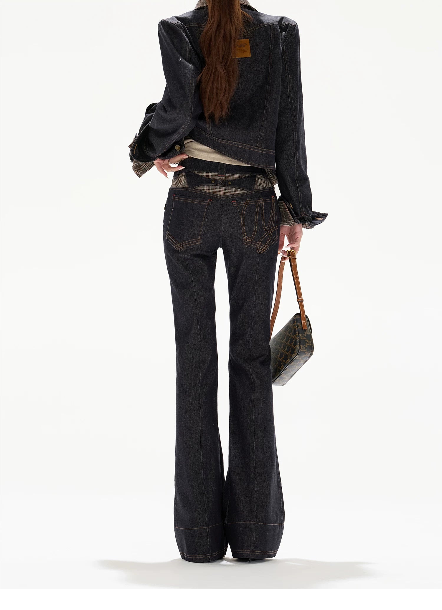 Plaid Mid-Rise Flared Wide-Leg Jeans