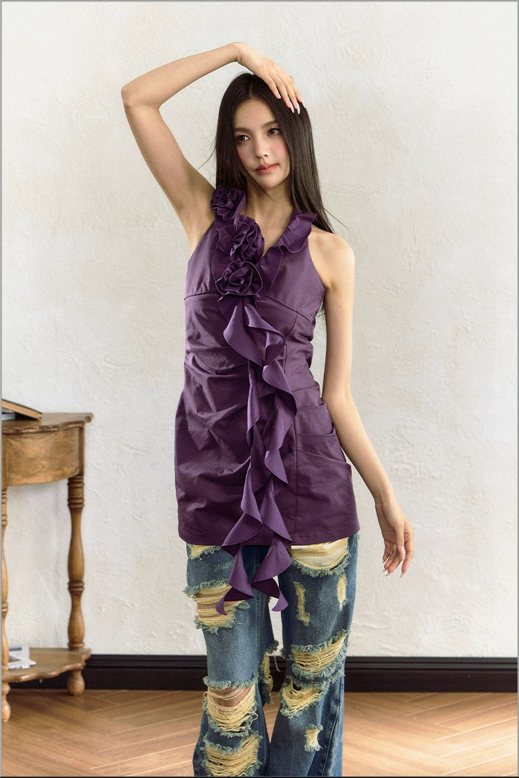 Purple Rose Ruffle Trim Sleeveless Dress - CHINASQUAD