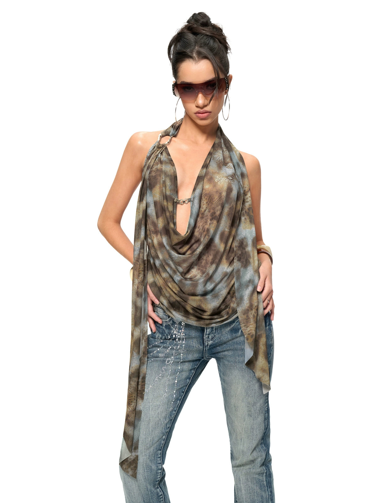 Leopard Drape-Front Backless Mesh Camisole