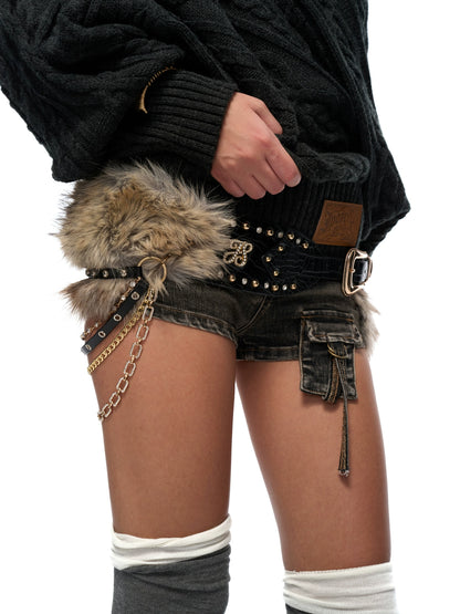 Black Fur-Trim Chain Ring Belt