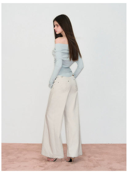Wave-Embroidered Wide-Leg Straight Pants