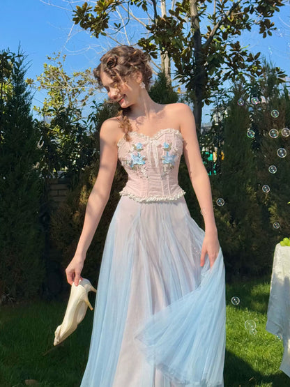 Blue Lily Strapless Corset Top &amp; Mesh Skirt Set
