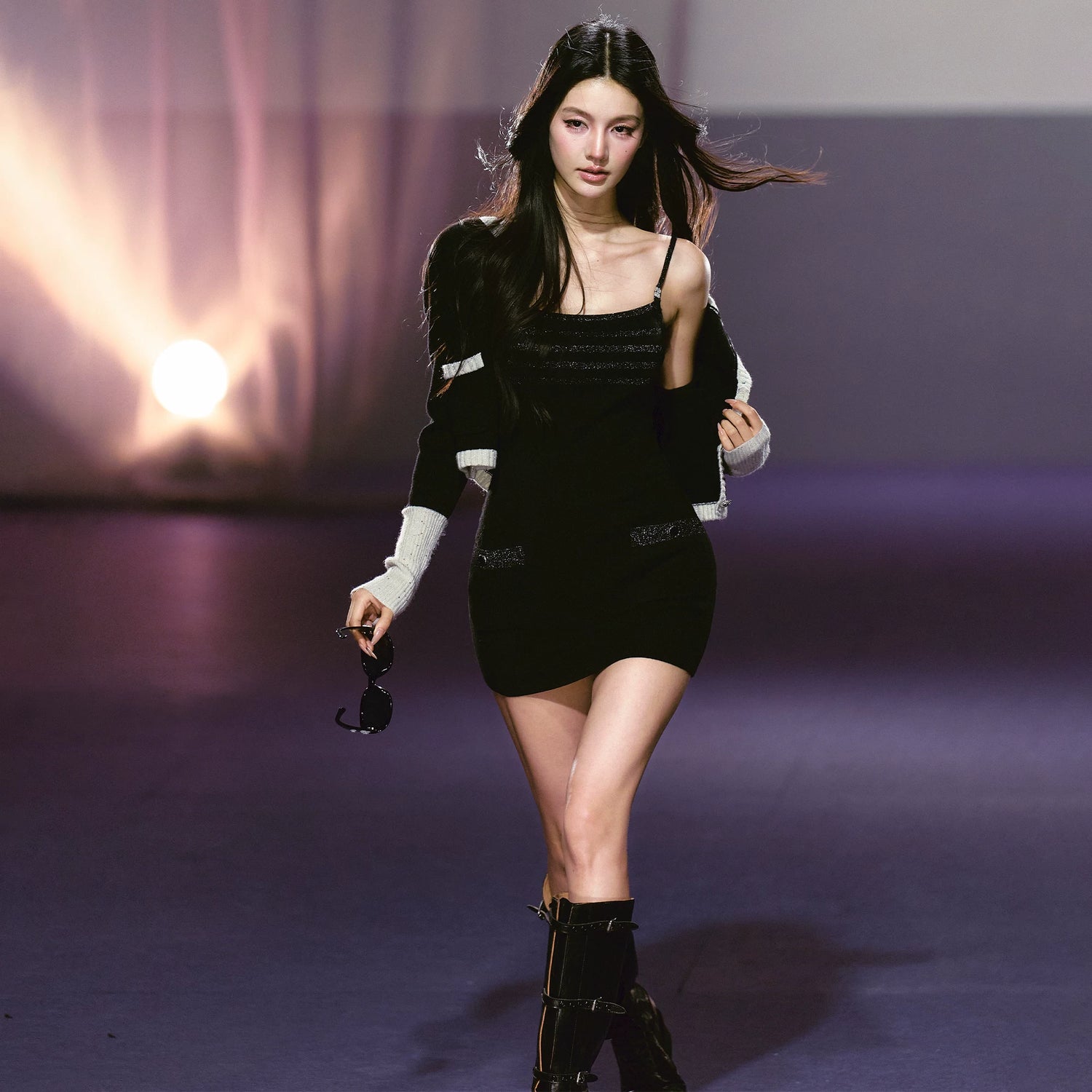 Contrast Trim Sheer Knit Dress & Cropped Cardigan Set Dress / M