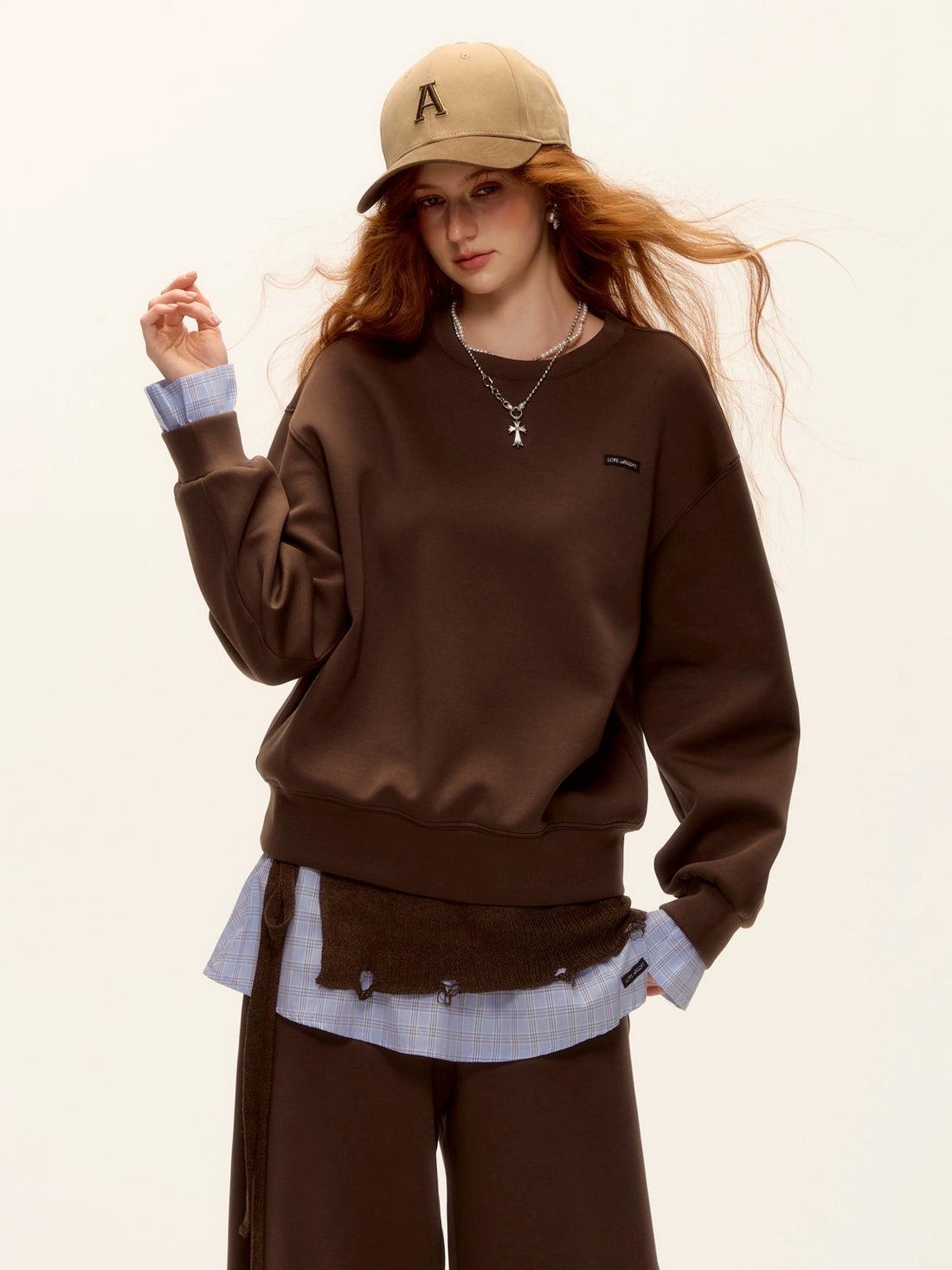 Patchwork Sweatshirt &amp; Curved-Hem Knit Pants Set